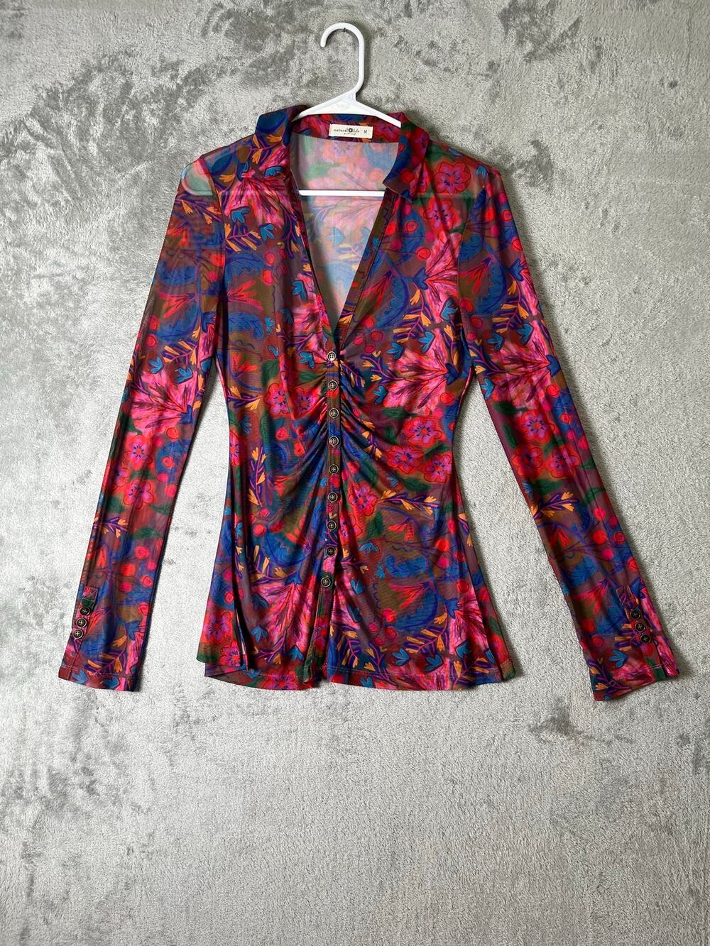 Natural Life Multicolor Floral Mesh Ruched Front Long Sleeve Top Size Medium